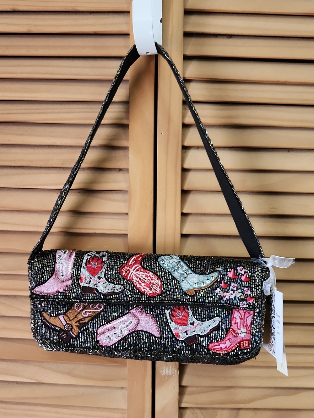 Embroidered Western Boots Beaded Shoulder Bag - Black with Pink & Multicolor